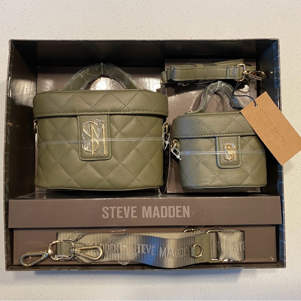 Steve Madden Multi Piece Gift Set Quilted Bag + Micro Bag 2 Piece Olive Green